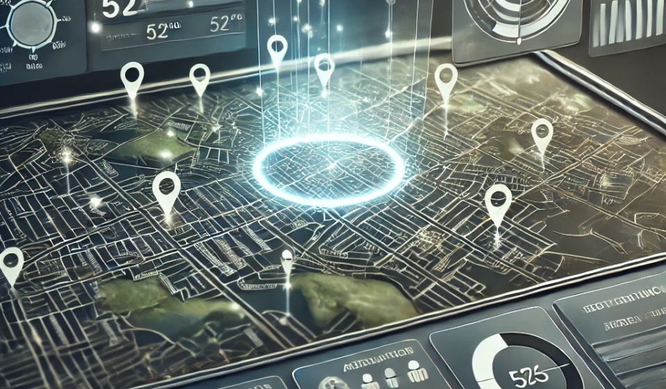 DALL·E 2025-01-21 08.52.19 - A digital illustration showcasing a user interface for sending SMS messages from a map. The image features a clean, modern design with a large interac